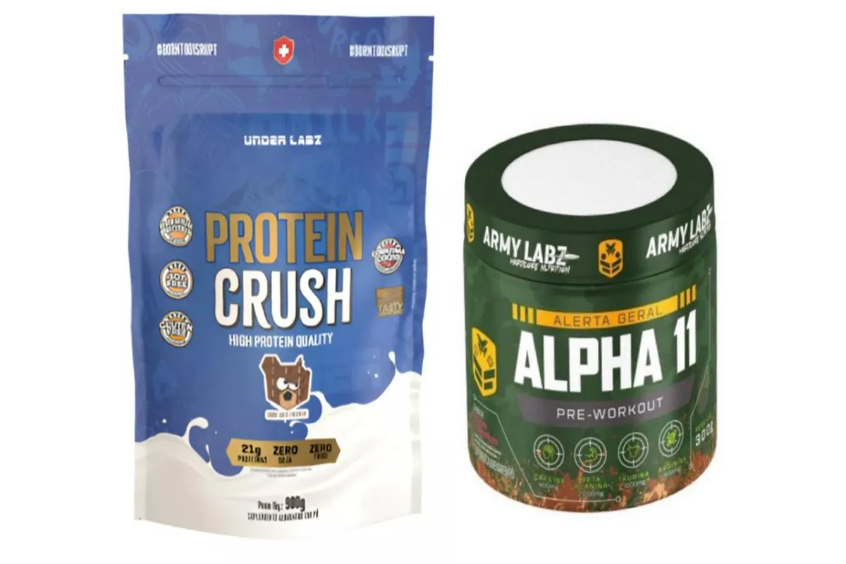KIT 1X PROTEIN CRUSH REFIL 900G UNDER LABZ + 1X PRé TREINO ALPHA 11 300G ARMY LABZ Chocolate E FRT Vermelha