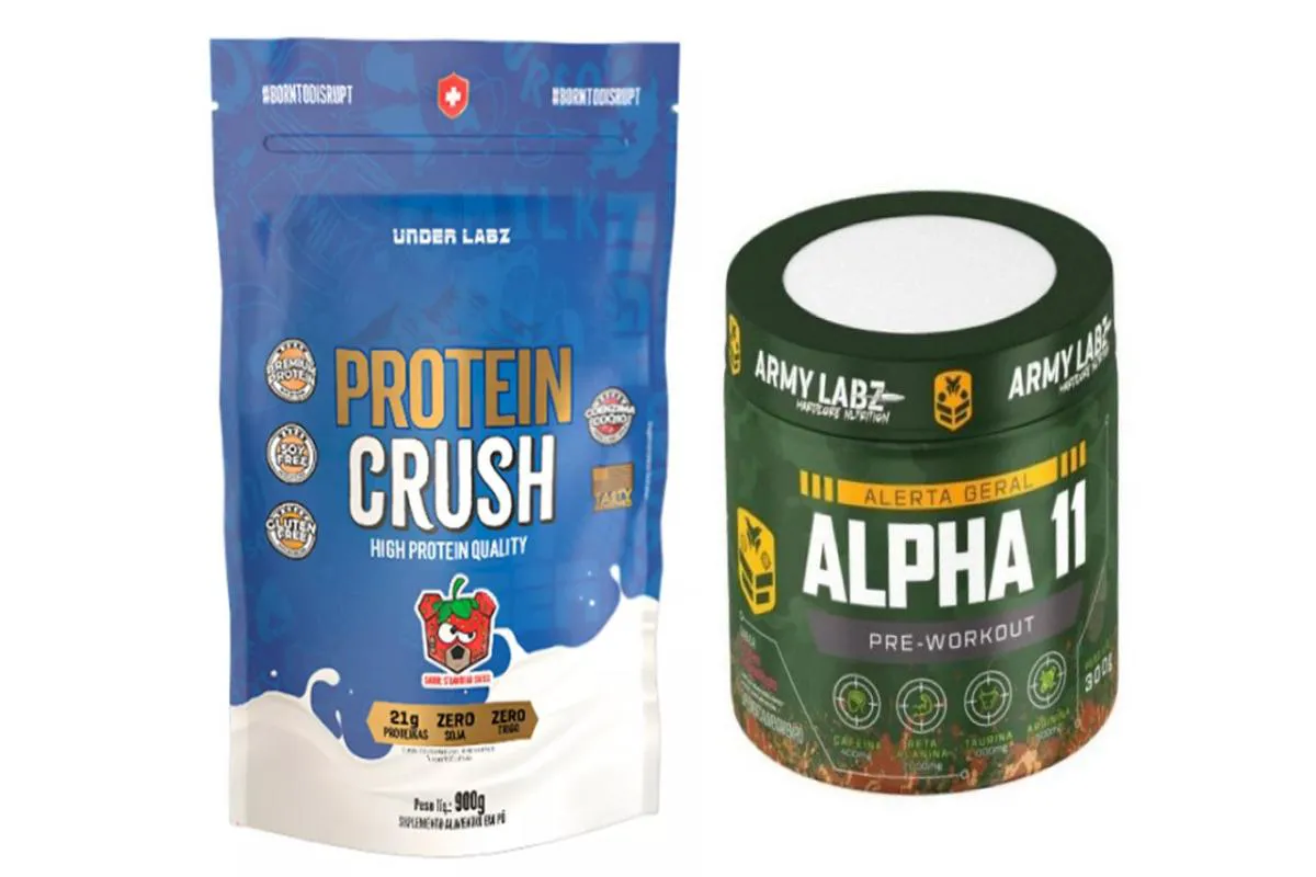 KIT 1X PROTEIN CRUSH REFIL 900G UNDER LABZ + 1X PRé TREINO ALPHA 11 300G ARMY LABZ Morango E FRT Vermelhas