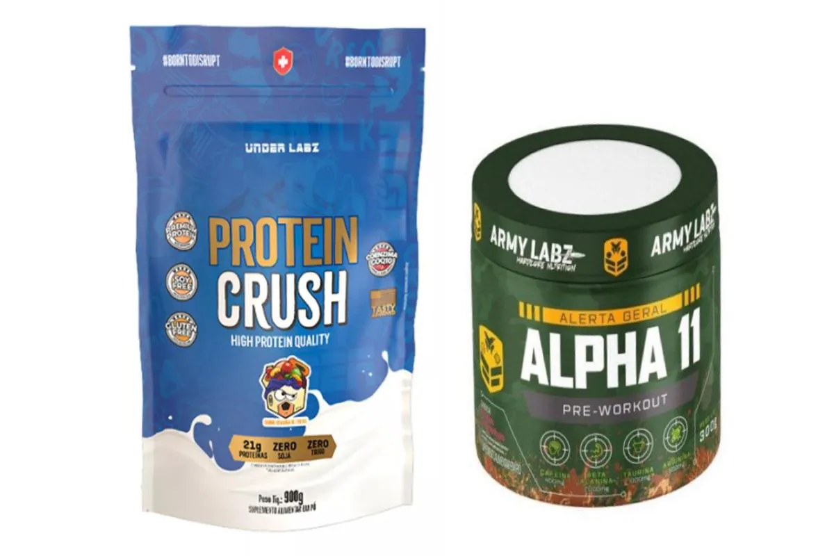 KIT 1X PROTEIN CRUSH REFIL 900G UNDER LABZ + 1X PRé TREINO ALPHA 11 300G ARMY LABZ Vitamina FRT E FRT Verm