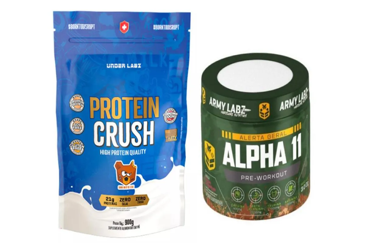 KIT 1X PROTEIN CRUSH REFIL 900G UNDER LABZ + 1X PRé TREINO ALPHA 11 300G ARMY LABZ Doce DE Leite E FRT Verm