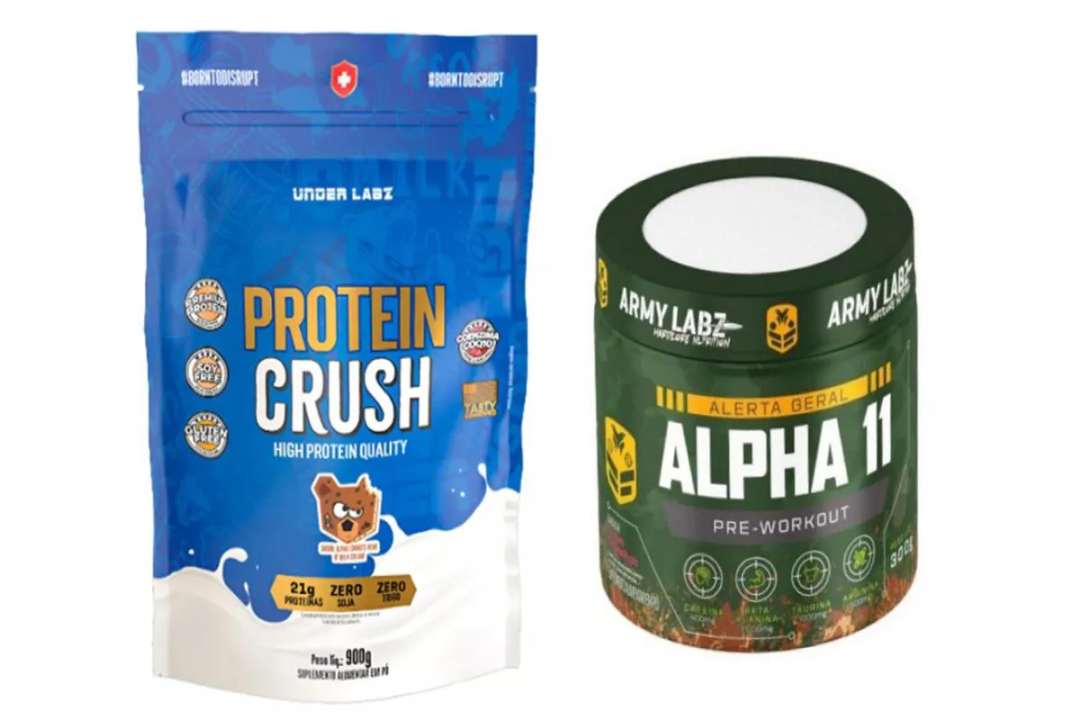 KIT 1X PROTEIN CRUSH REFIL 900G UNDER LABZ + 1X PRé TREINO ALPHA 11 300G ARMY LABZ Cookies E FRT Vermelhas