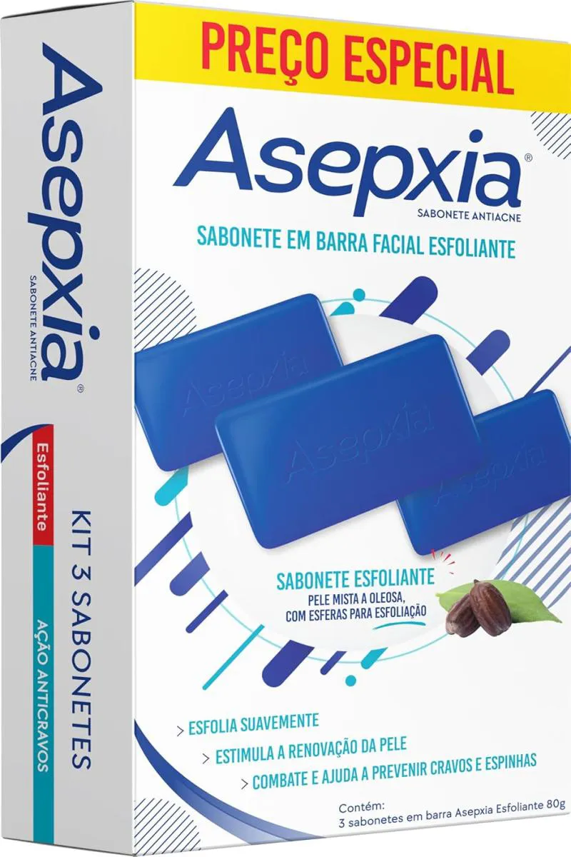 SABONETE EM BARRA ASEPXIA ESFOLIANTE - AçãO ANTI CRAVOS - KIT COM 3 UNIDADES DE 80G