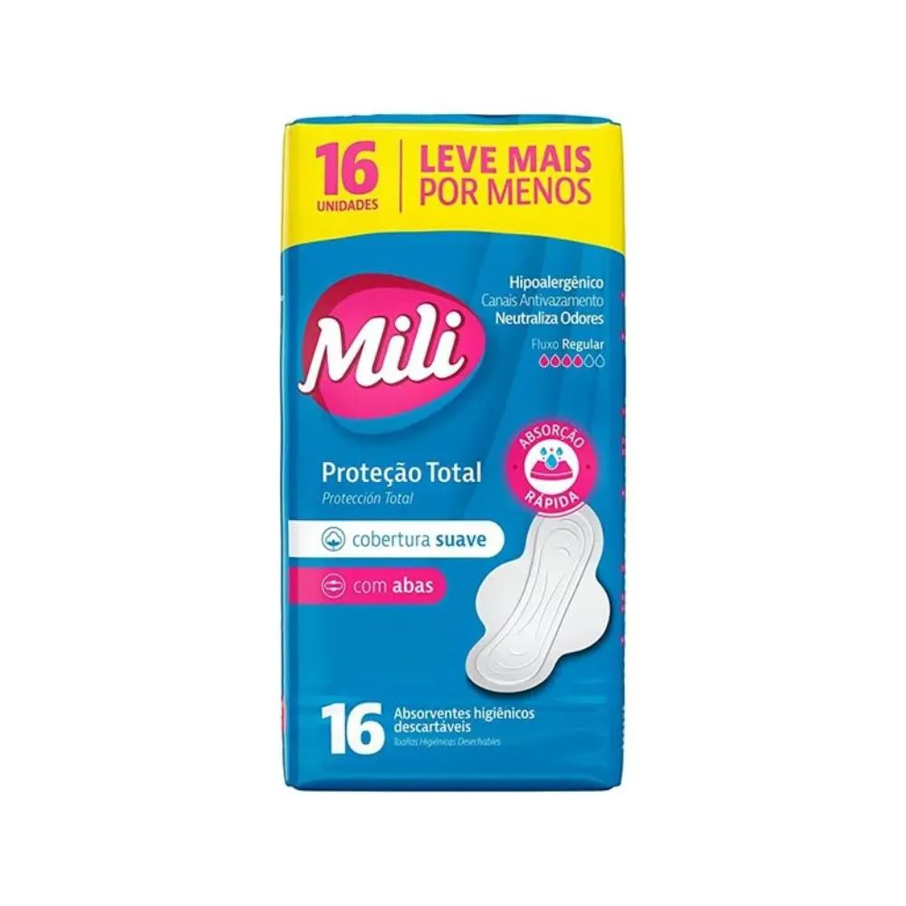 ABSORVENTE MILI PROTEçãO TOTAL SUAVE COM ABAS 16 UNIDADES
