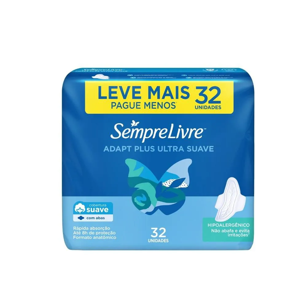 ABSORVENTE SEMPRE LIVRE ADAPT PLUS COBERTURA SUAVE COM ABAS 32 UNIDADES