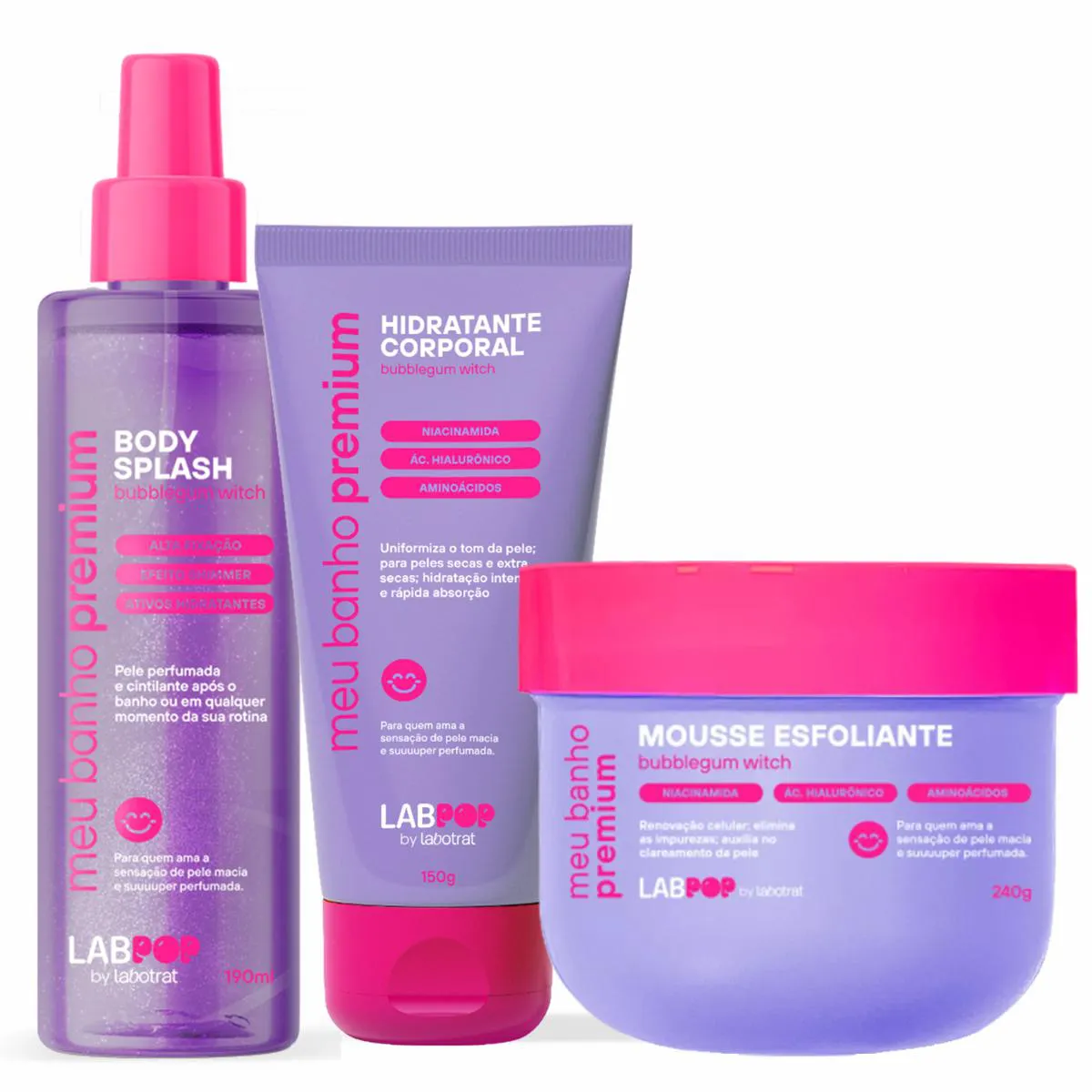 KIT LABOTRAT BUBBLEGUM HIDRATANTE CORPORAL + BODY SPLASH + MOUSSE ESFOLIANTE