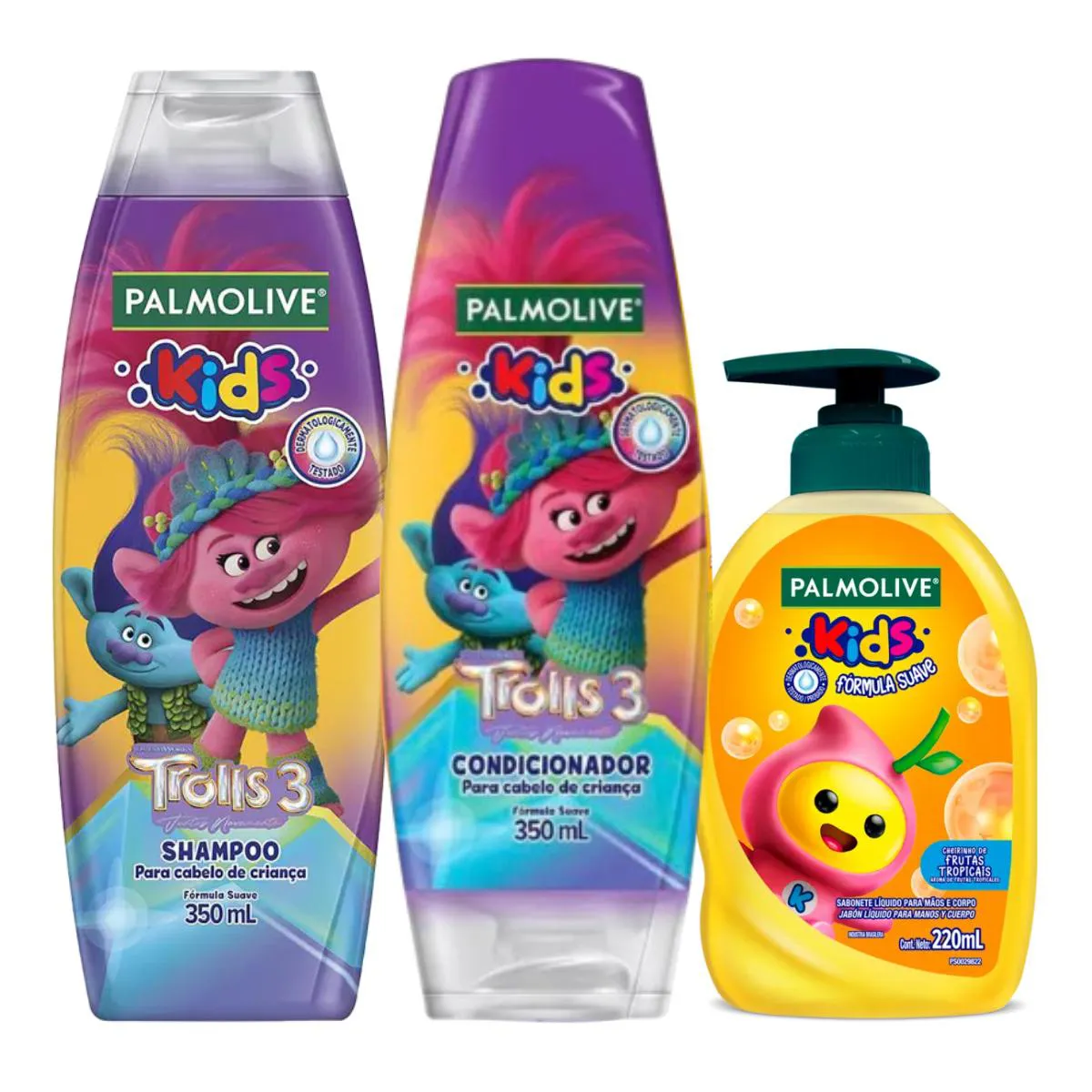 KIT SHAMPOO PALMOLIVE KIDS TROLLS 3 SUAVE + CONDICIONADOR KIDS FóRMULA SUAVE + SABONETE LíQUIDO