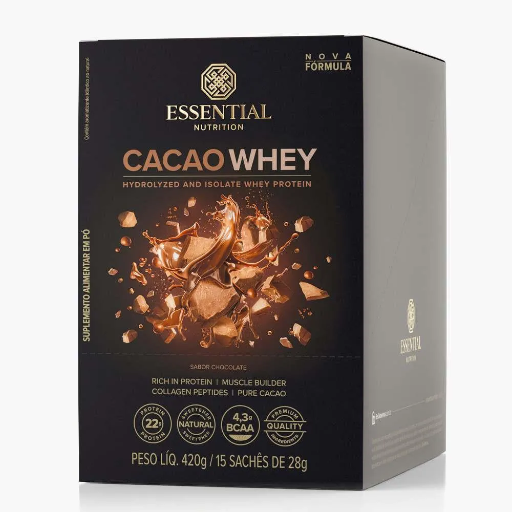 CACAO WHEY BOX COM 15 SACHêS DE 28G -  ESSENTIAL NUTRITION