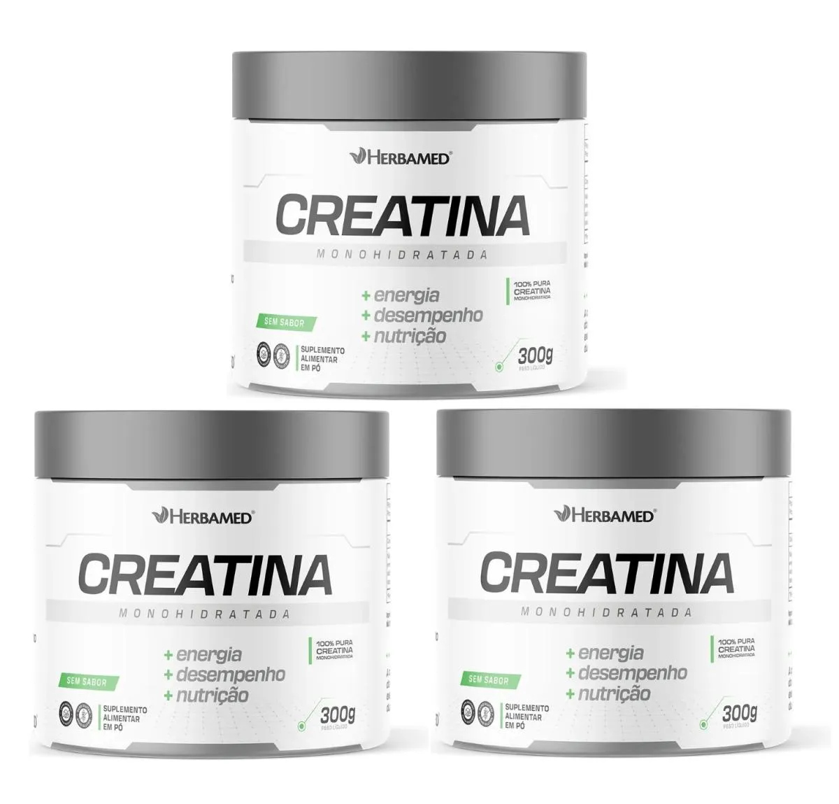 KIT 3 CREATINA MONOHIDRATADA 300G  SEM SABOR - HERBAMED
