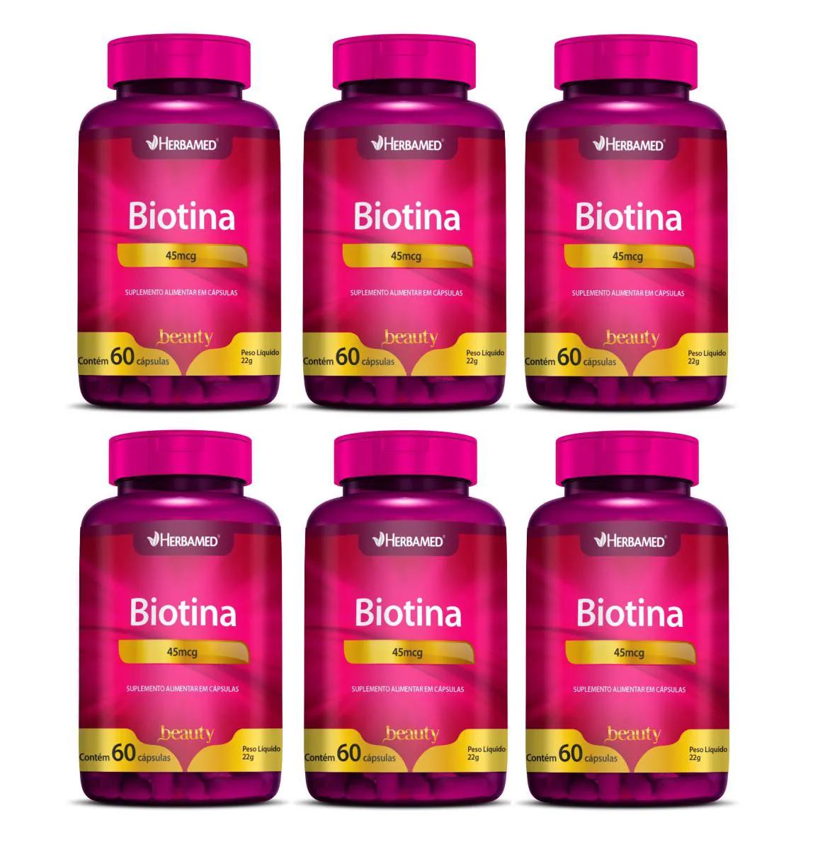 KIT 6 SUPLEMENTO BIOTINA 45MCG 60 CáPSULAS - HERBAMED BEAUTY