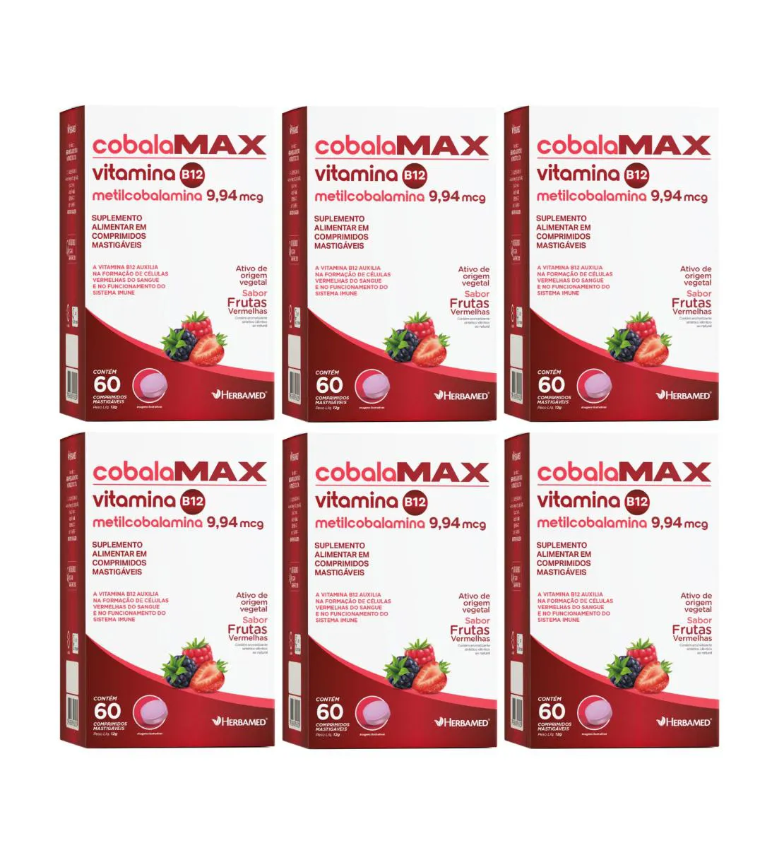 KIT 6 VIT. B12 METILCOBALAMINA 60 COMP MASTIGáVEL - HERBAMED