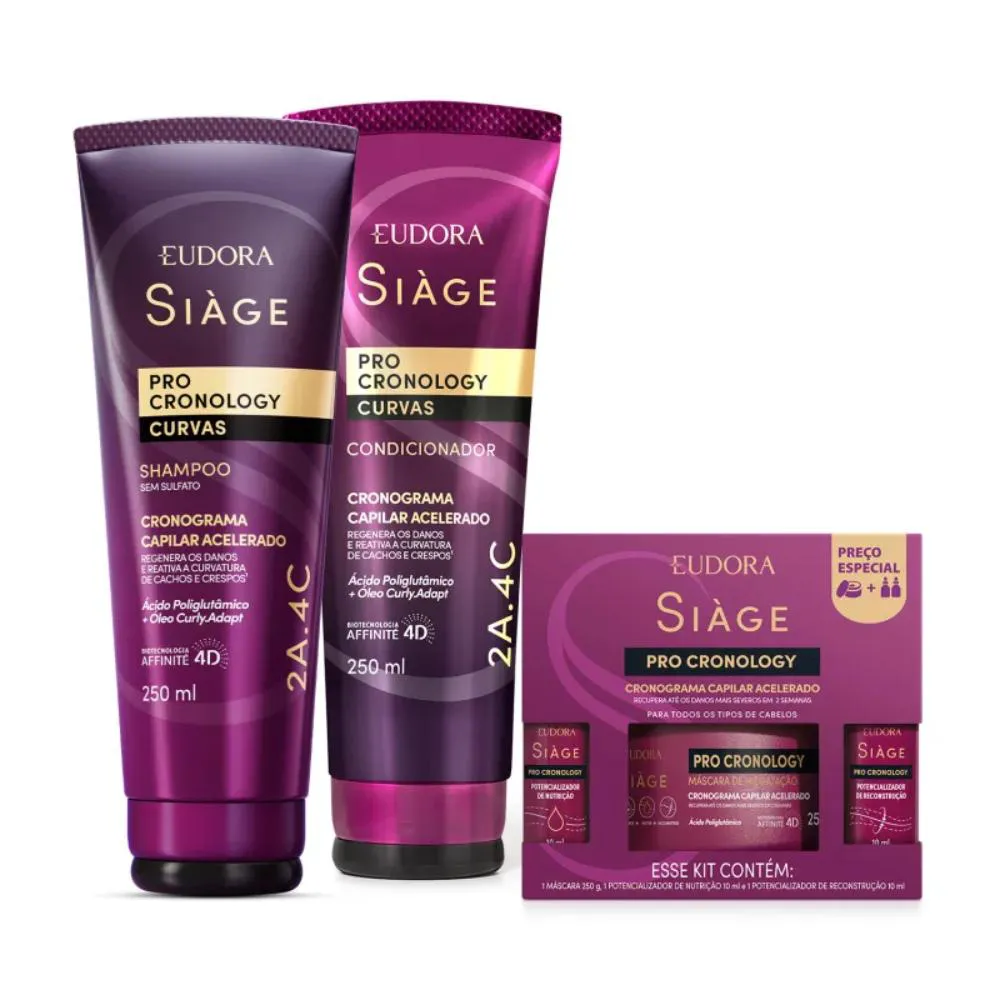 COMBO SIàGE PRO CRONOLOGY CURVAS SHAMPOO, CONDICIONADOR + KIT CRONOGRAMA CAPILAR ACELERADO (3 ITENS)