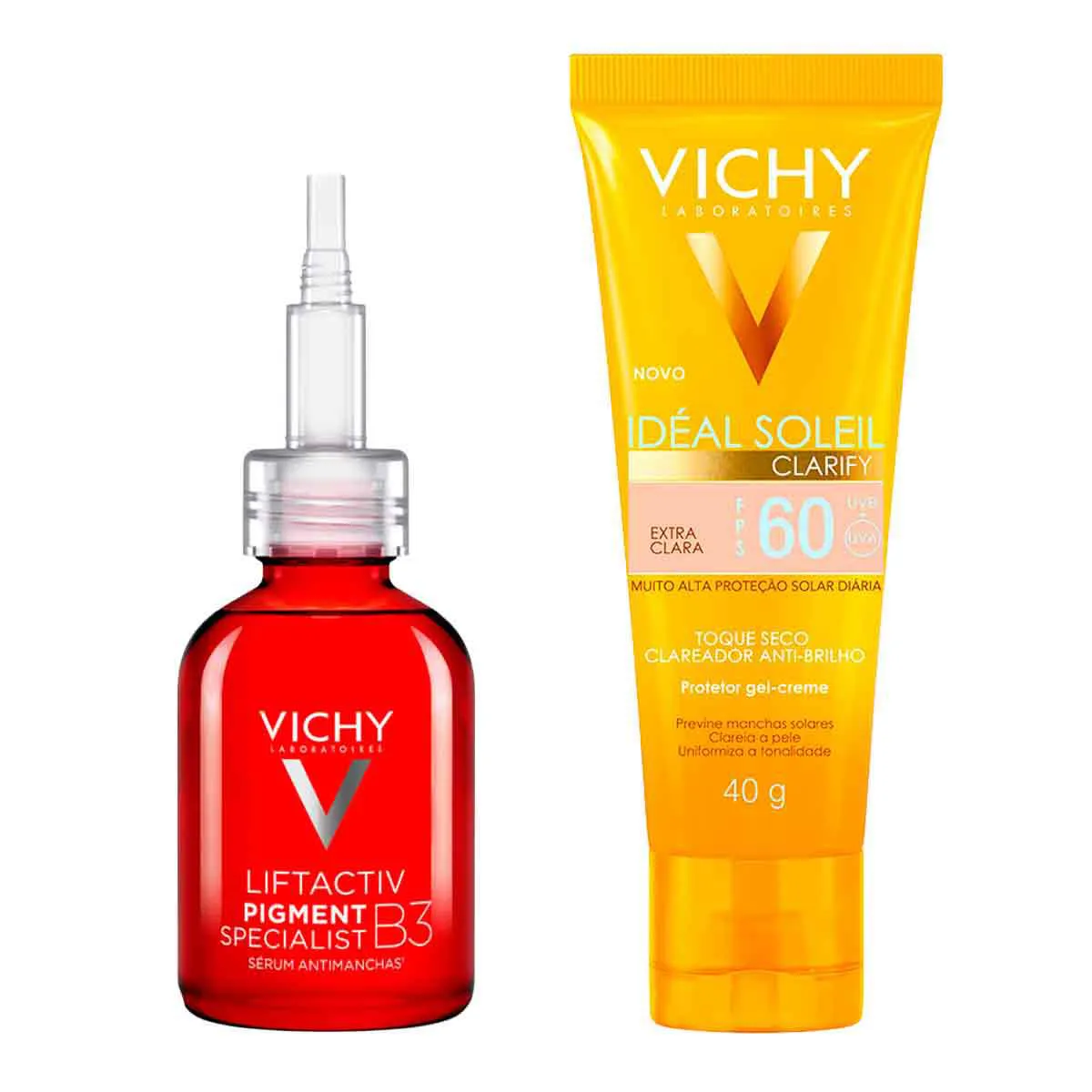 Kit Vichy Protetor Solar Facial Idéal Soleil Clarify Clareador Extra Clara FPS 60 40g + Sérum Facial Antimanchas Liftactiv Pigment Specialist B3 30ml