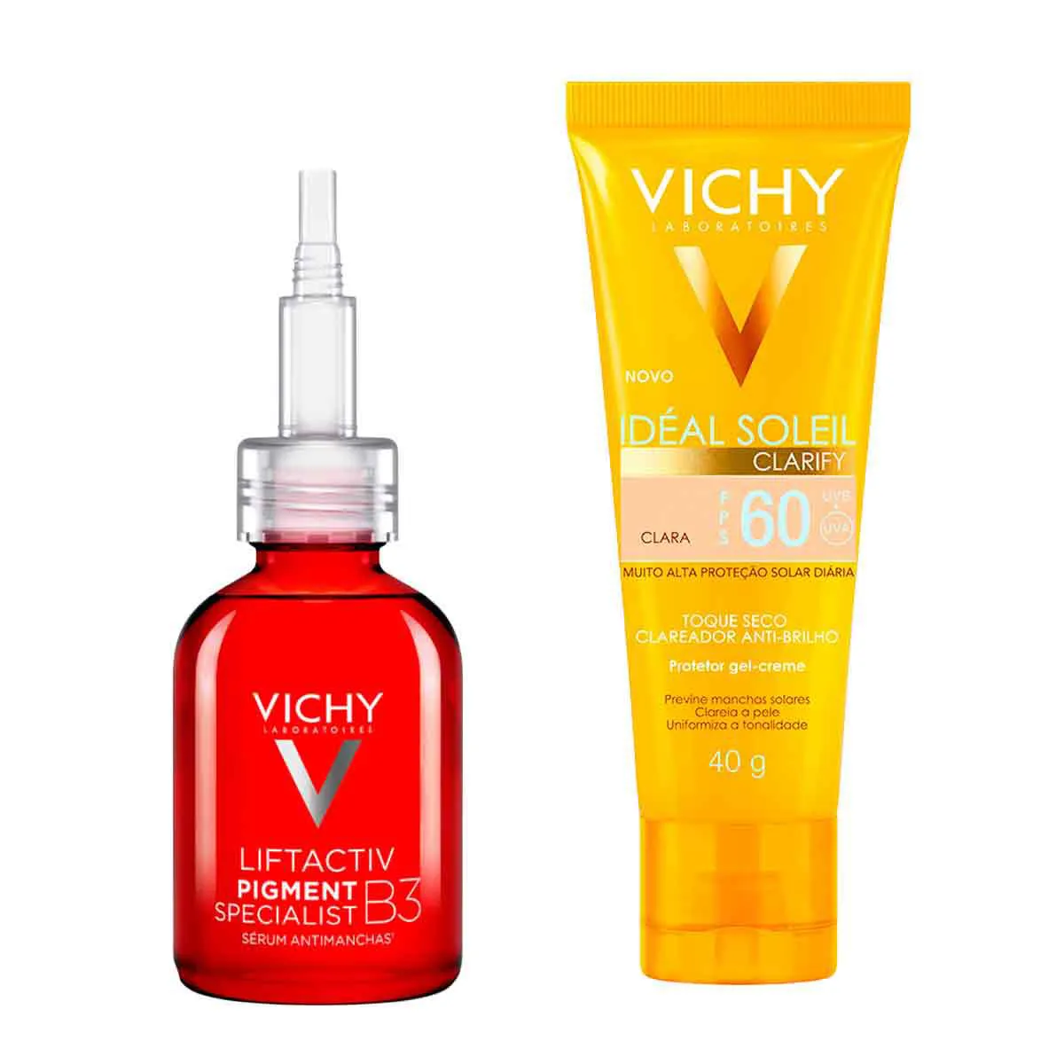 Kit Vichy Protetor Solar Facial Idéal Soleil Clarify FPS 60 Clara 40g + Sérum Facial Antimanchas Liftactiv Pigment Specialist B3 30ml