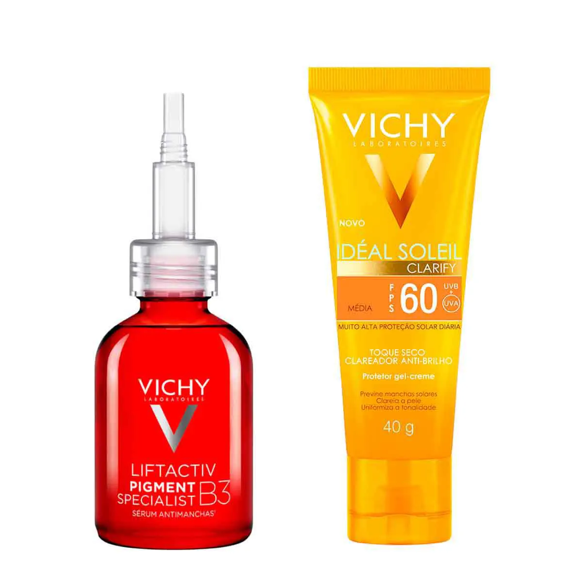 Kit Vichy Protetor Solar Facial Idéal Soleil Clarify FPS 60 Média 40g + Sérum Facial Antimanchas  Liftactiv Pigment Specialist B3 30ml