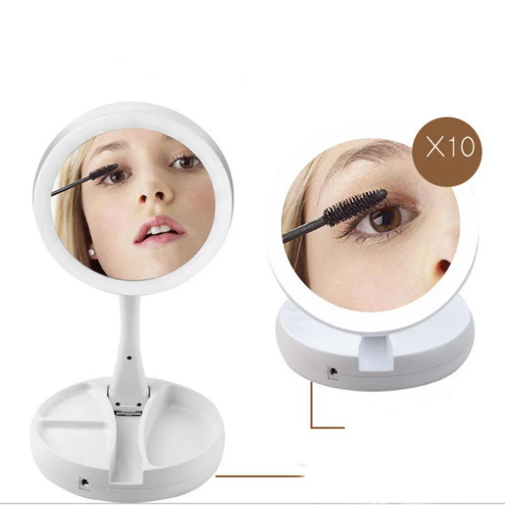 ESPELHO MAQUIAGEM LED DUPLA FACE AUMENTO 10X LUPA ILUMINADA DOBRáVEL BASE ORGANIZADORA MESA