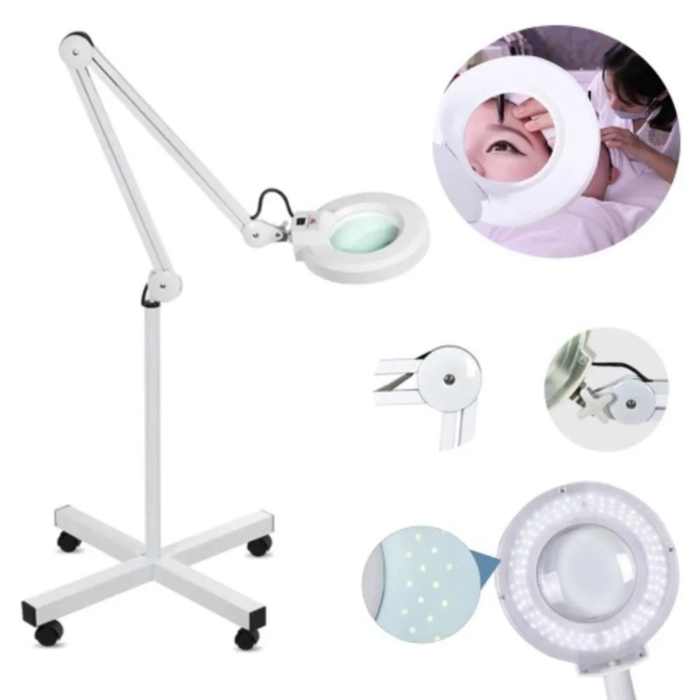 LUPA ESTéTICA COM LUMINáRIA ARTICULADA – 120 LEDS, AUMENTO 10X, TRIPé COM RODINHAS, ALUMíNIO, BIVOLT, BRANCA