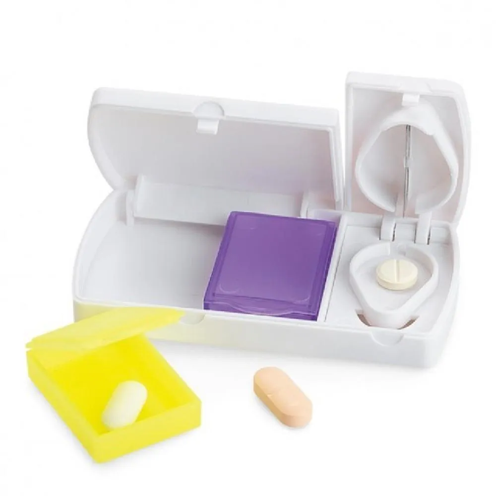 PORTA COMPRIMIDOS E MEDICAMENTOS CORTADOR COM LAMINA KIT 2 EM 1 ORGANIZADOR DE REMEDIO PORTATIL