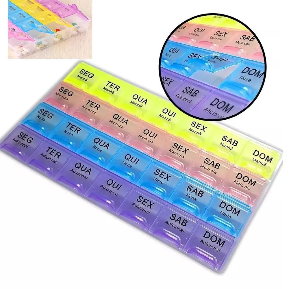 PORTA REMEDIOS SEMANAL CAIXA COMPRIMIDOS ORGANIZADOR DIARIO SUPLEMENTOS COLORIDO 28 DIVISOES CAPSULAS 4X DIA