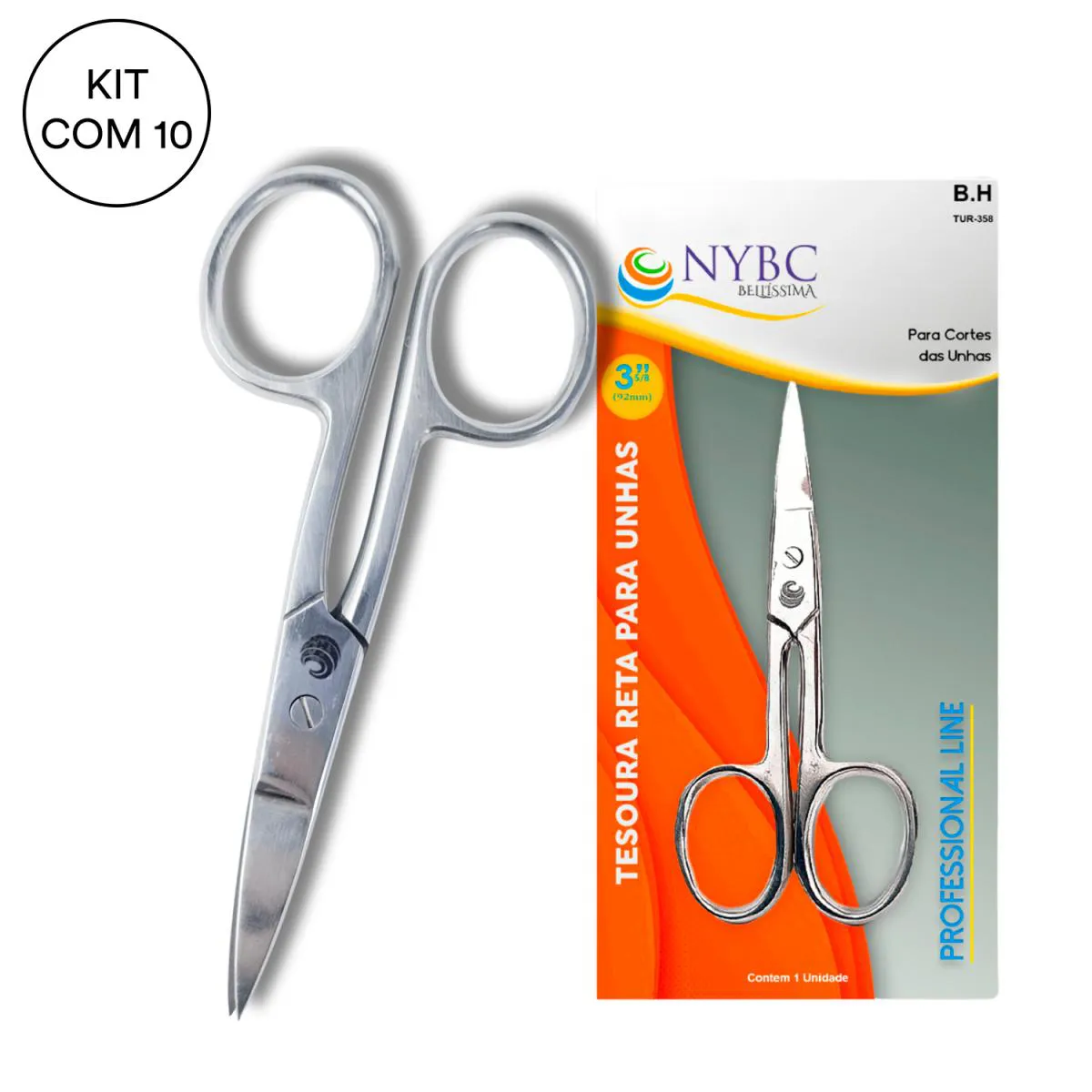 KIT 10 TESOURA RETA PARA UNHAS 9,2 CM PONTA LARGA INOX NYBC