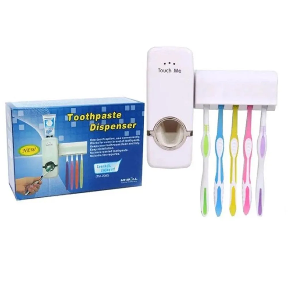 DISPENSER PASTA DENTE COM SUPORTE 5 ESCOVAS AUTOMATICO PORTA CREME DENTAL APLICADOR 2 EM 1