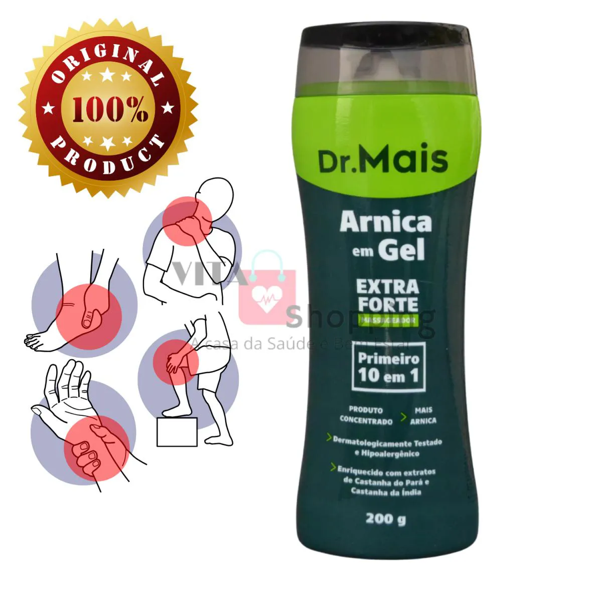 GEL DE ARNICA, MASSAGEADOR MUSCULAR EXTRA FORTE - 10 EM 1 - DR. MAIS