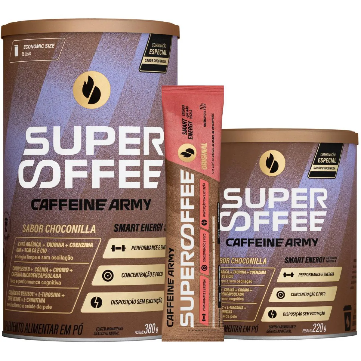 KIT 2X UNIDADES SUPERCOFFEE 3.0 CHOCONILLA, (1X LATA 380G + 1X LATA 220G), ACOMPANHA 1X SACHE DE 10G