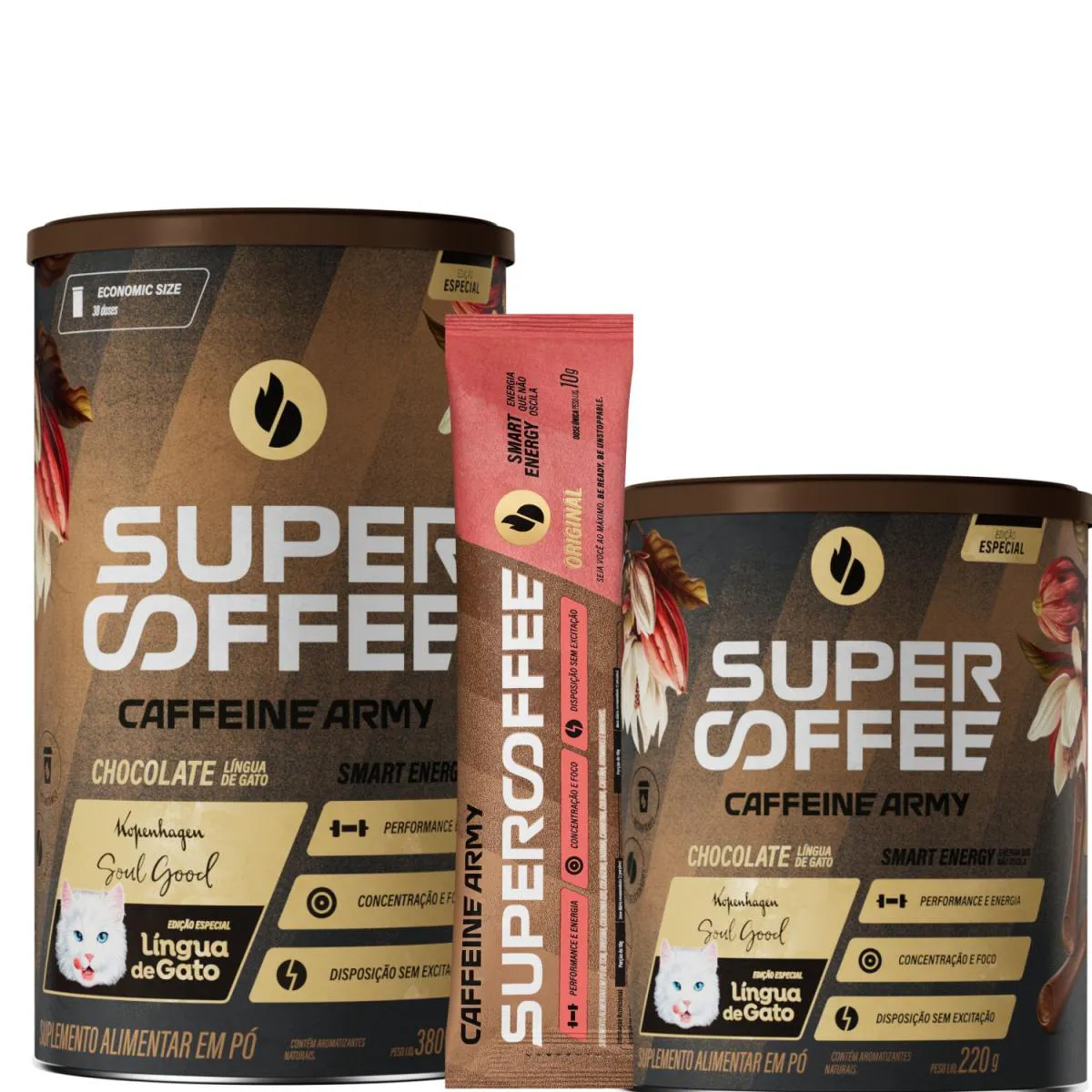KIT 2X UNIDADES SUPERCOFFEE 3.0 LINGUA DE GATO, (1X LATA 380G + 1X LATA 220G) ACOMPANHA 1X SACHE DE 10G
