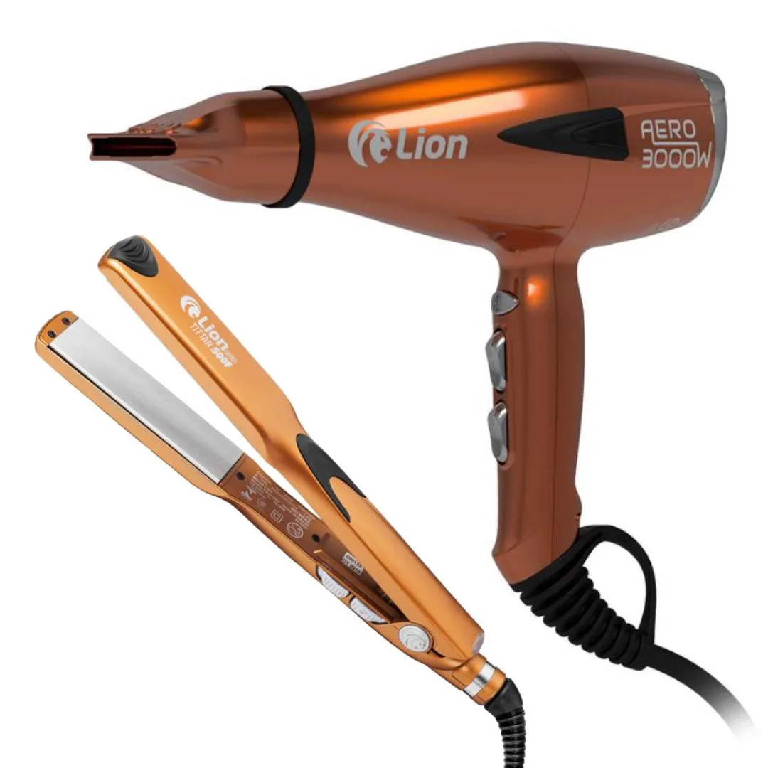 KIT LION SECADOR AERO COBRE 3000W + PRANCHA TITTAN 500F 220V