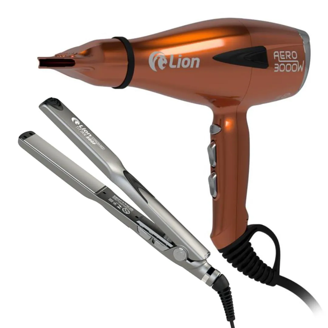 KIT LION SECADOR AERO COBRE 3000W + PRANCHA TITTAN 500F 220V