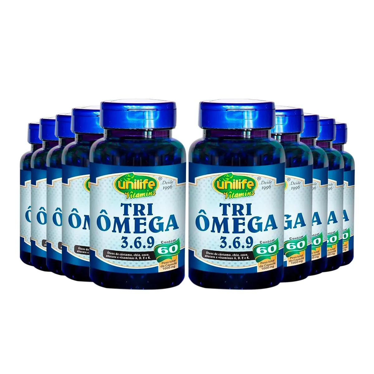 KIT 10 ÔMEGA 3 1000 MG TRI ÔMEGA 3.6.9 UNILIFE 60 CáPSULAS SEM Sabor