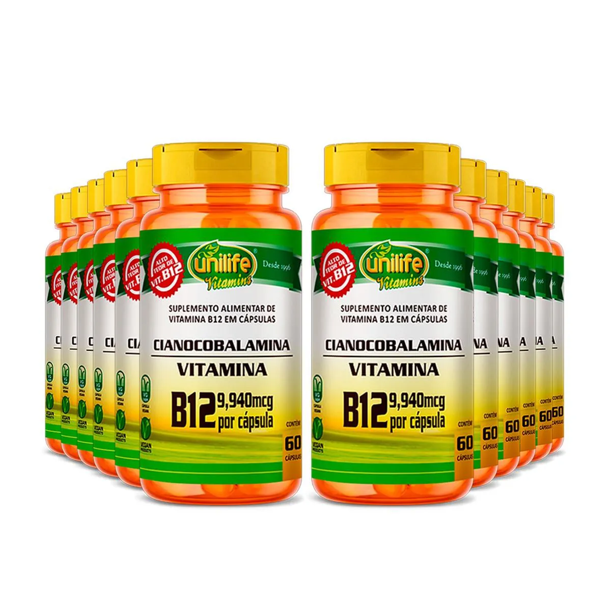 KIT 12 VITAMINA B12 CIANOCOBALAMINA 9,940MCG UNILIFE 60CPS SEM Sabor