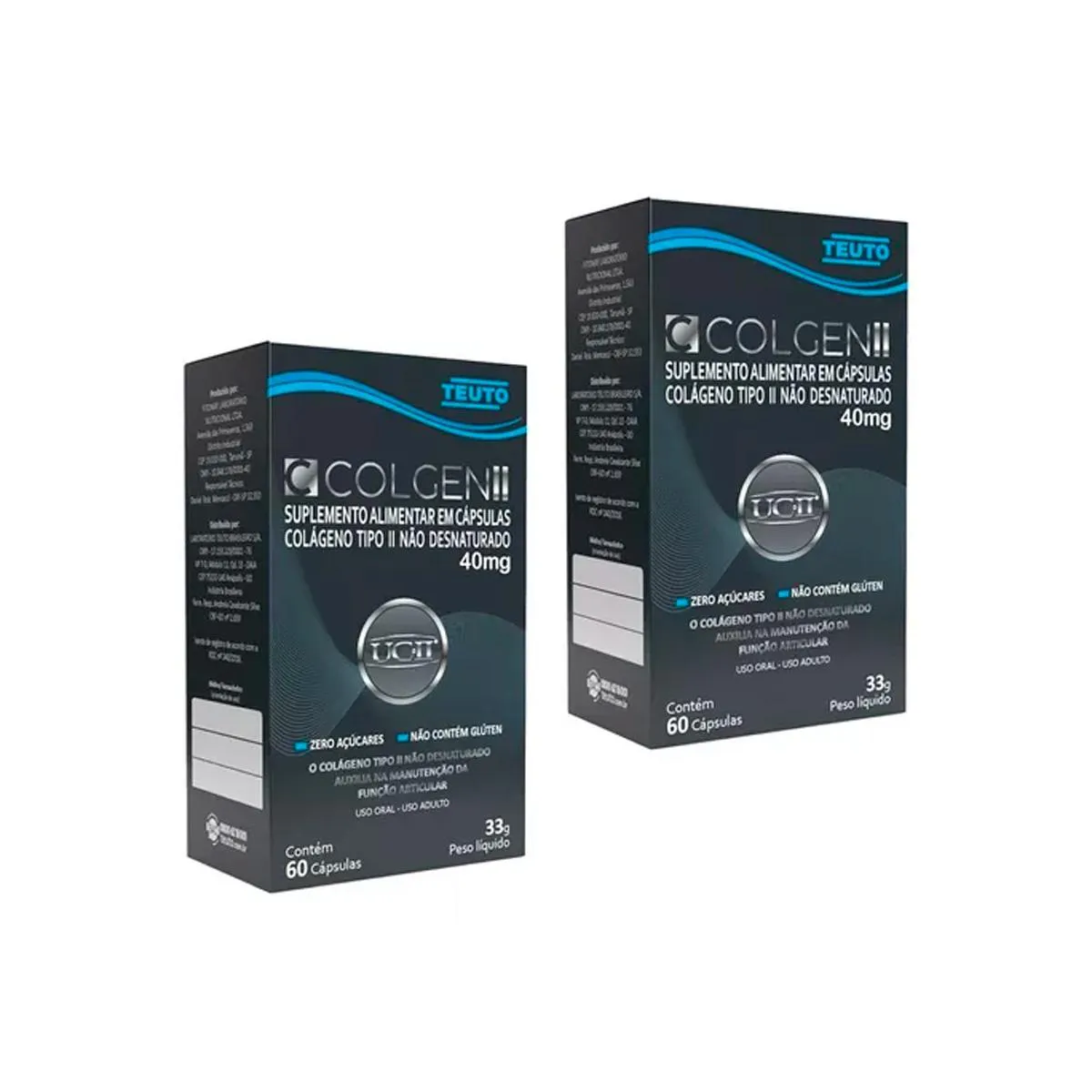 KIT 2 COLáGENO TIPO 2 COLGEN II 40MG TEUTO 60 CáPS SEM Sabor