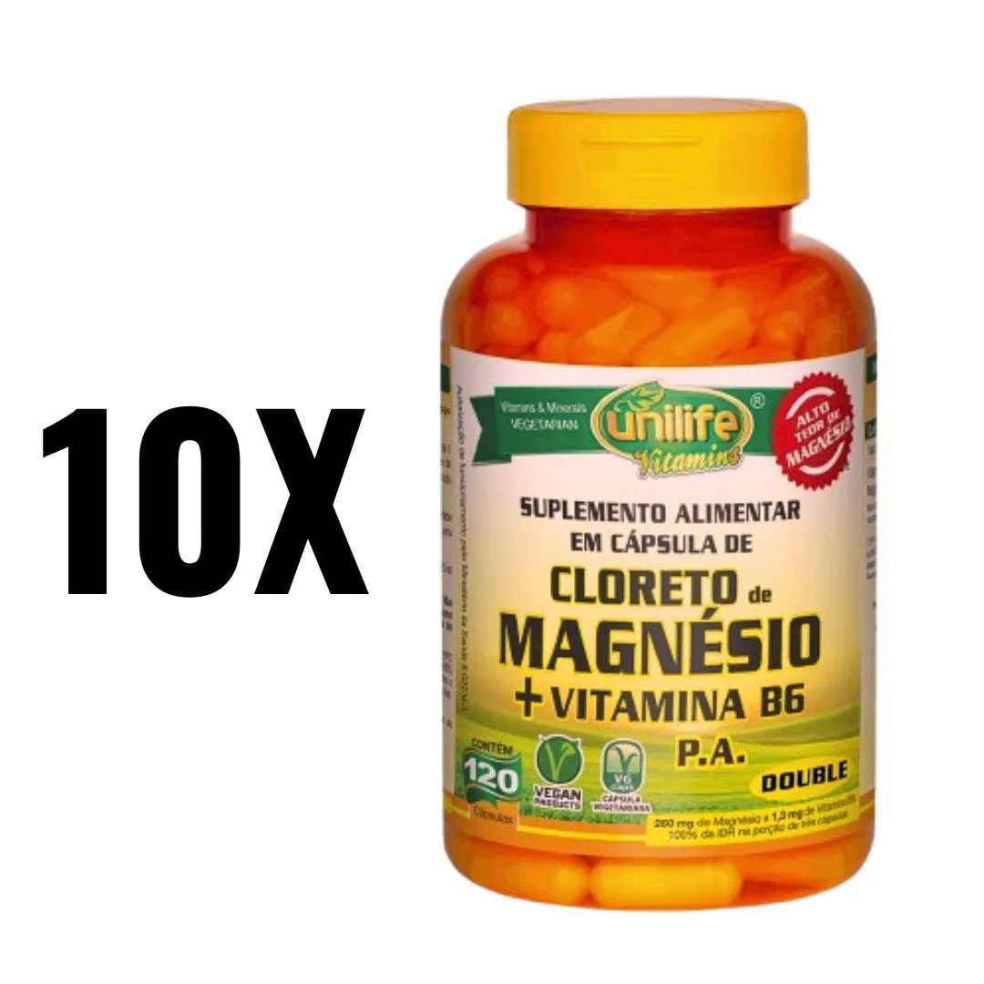 KIT 10 CLORETO DE MAGNéSIO VITAMINA B6 UNILIFE 120CAPS SEM Sabor