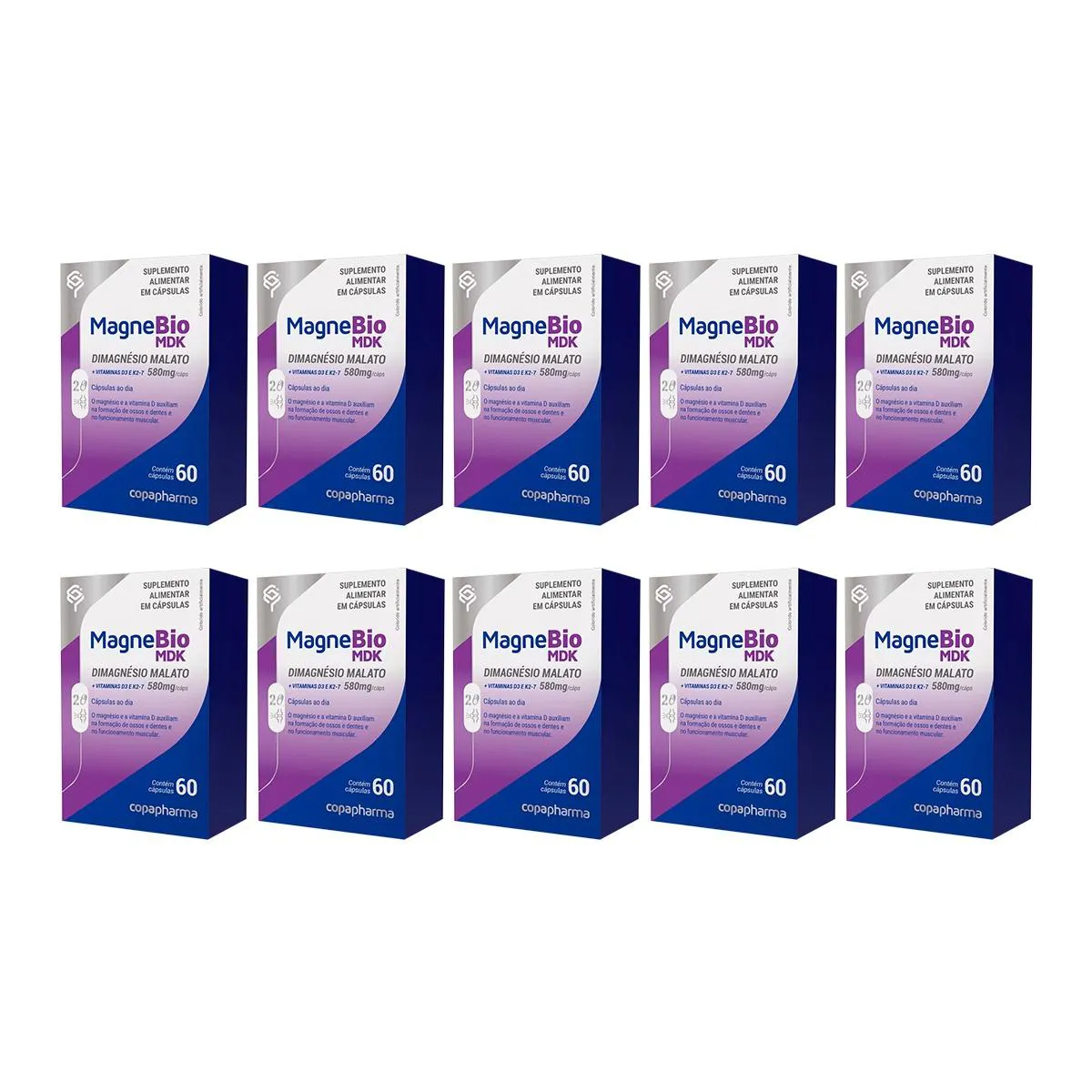 KIT 10 MAGNEBIO MDK DIMAGNéSIO MALATO 580MG 60 CP COPAPHARMA SEM Sabor