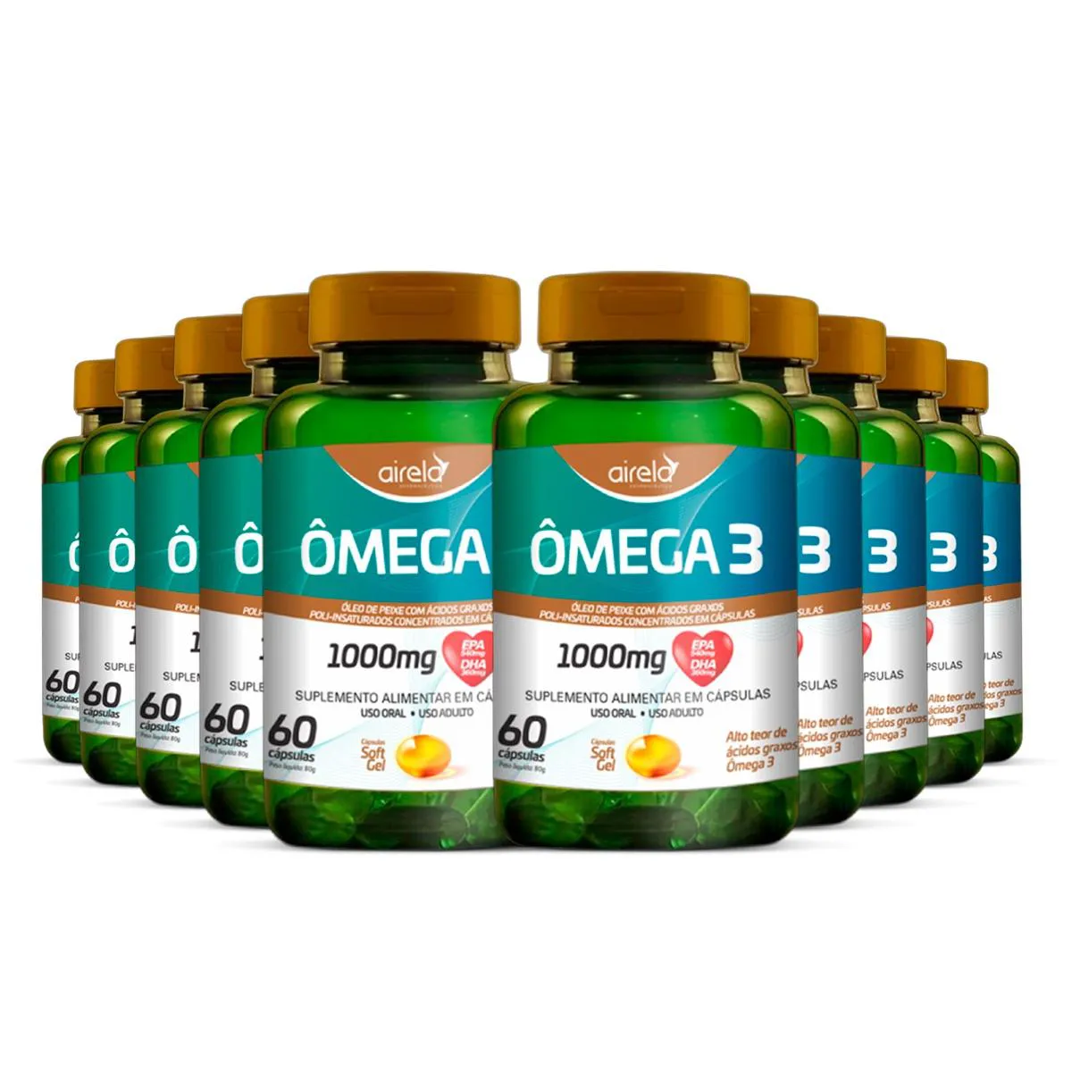 KIT 10 ÔMEGA 3 E ÁCIDOS GRAXOS 1000MG AIRELA 60 CáPSULAS SEM Sabor