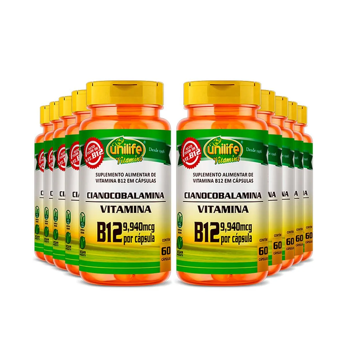 KIT 10 VITAMINA B12 CIANOCOBALAMINA 9,940MCG UNILIFE 60CPS SEM Sabor