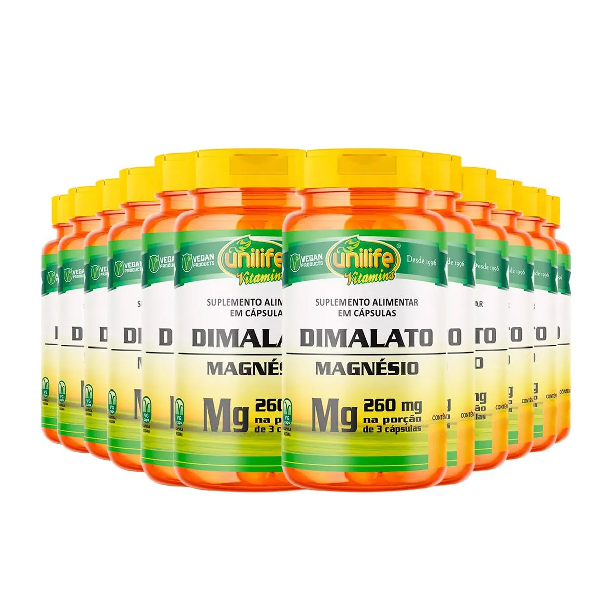 KIT 12 MAGNéSIO DIMALATO 260 MG UNILIFE 60 CáPSULAS SEM Sabor