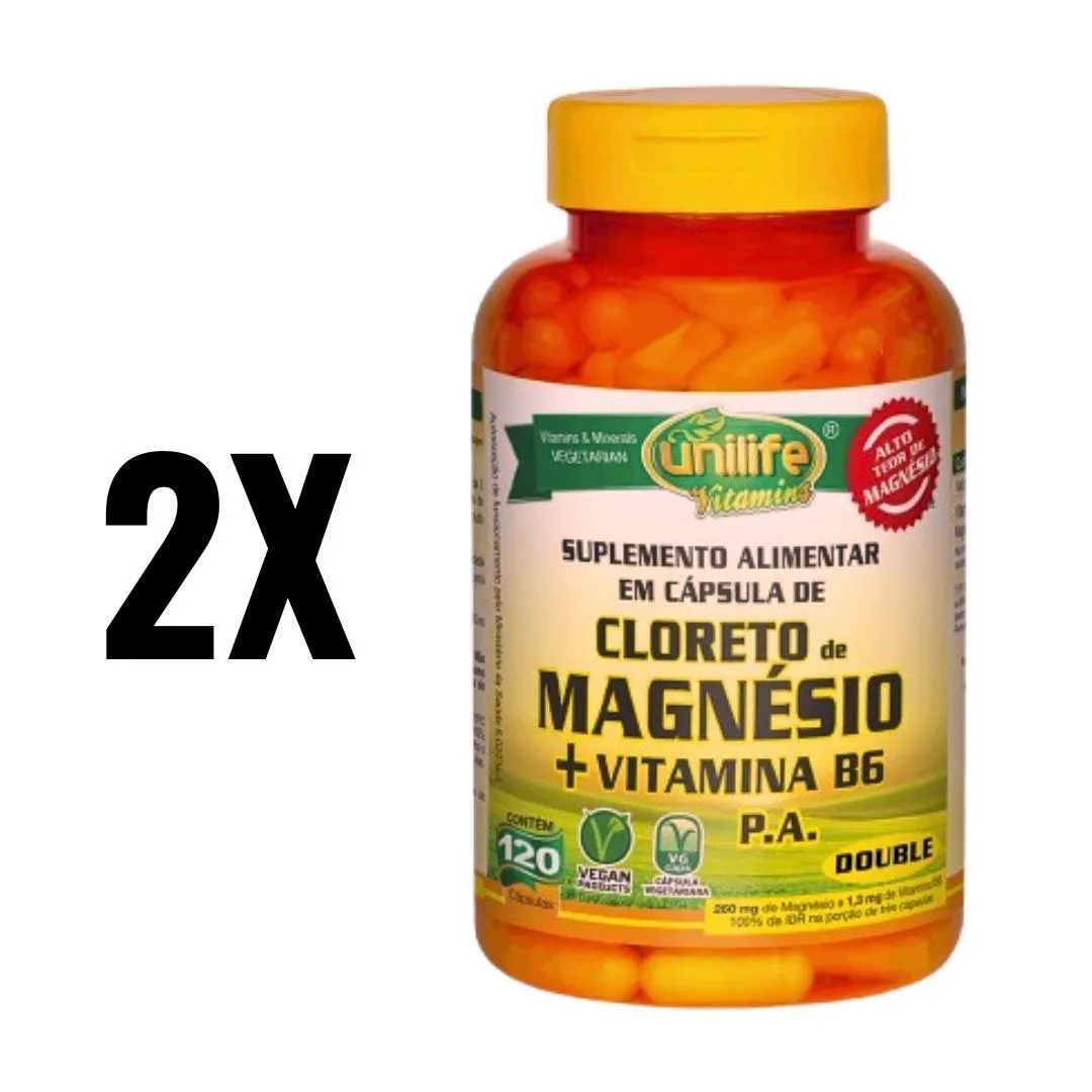 KIT 2 CLORETO DE MAGNéSIO VITAMINA B6 UNILIFE 120CAPS SEM Sabor
