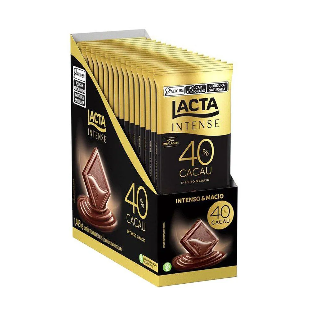 CHOCOLATE LACTA INTENSE MEIO AMARGO 40% CACAU ORIGINAL 85G - DISPLAY COM 17 UNIDADES