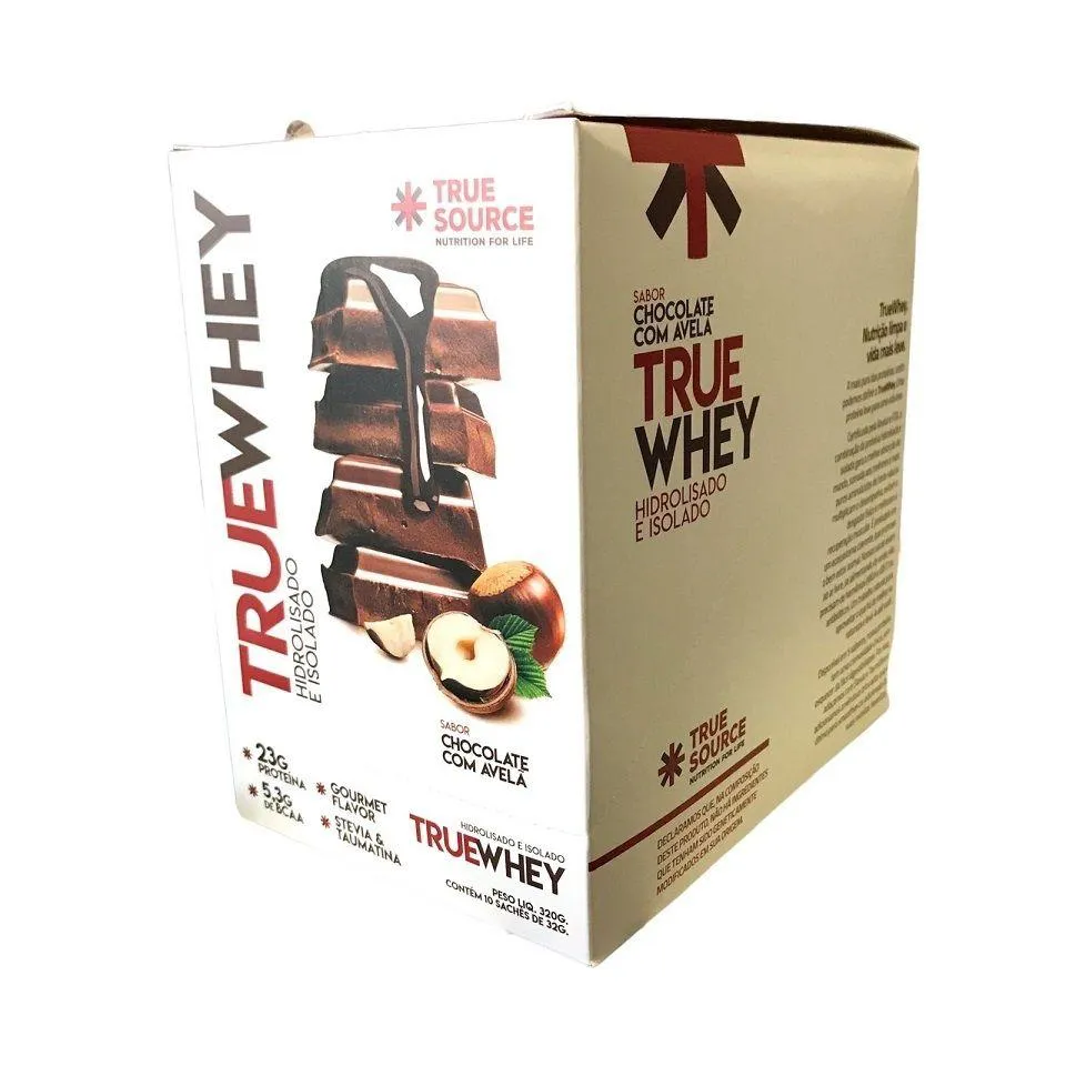TRUE WHEY DISPLAY 320G (10 SACHêS DE 32G) - HIDROLISADO E ISOLADO - SABOR: CHOCOLATE E AVELã