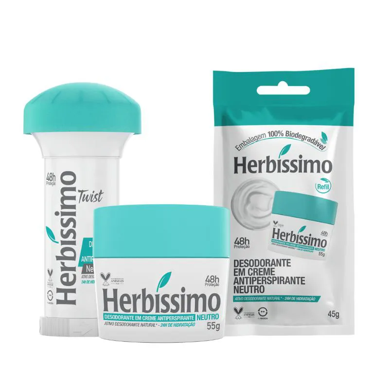 KIT DESODORANTE CREME ANTITRANSPIRANTE NEUTRO HERBíSSIMO 55G + DESODORANTE TWIST NEUTRO 45G + SACHê REFIL NEUTRO 45
