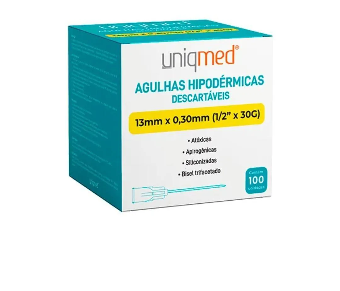 AGULHA HIPODéRMICA AMARELA 30G - 13MMX 0,30MM, UNIQMED - 100 UND