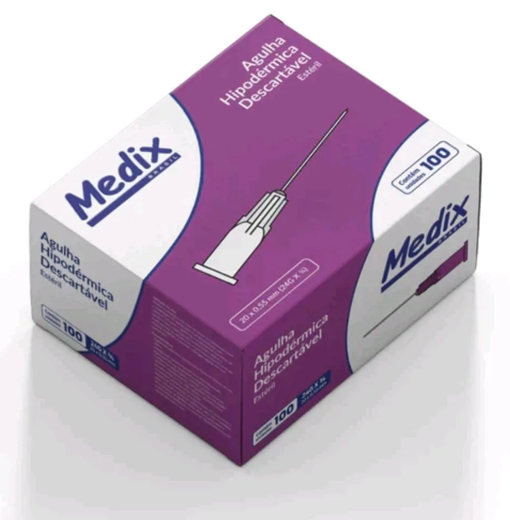 AGULHA HIPODéRMICA DESCARTáVEL 24G - 20 X 0,55MM - 100 UND