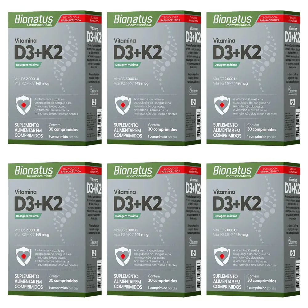 KIT 6 SUPLEMENTO D3 + K2 COM 30 COMPRIMIDOS - BIONATUS