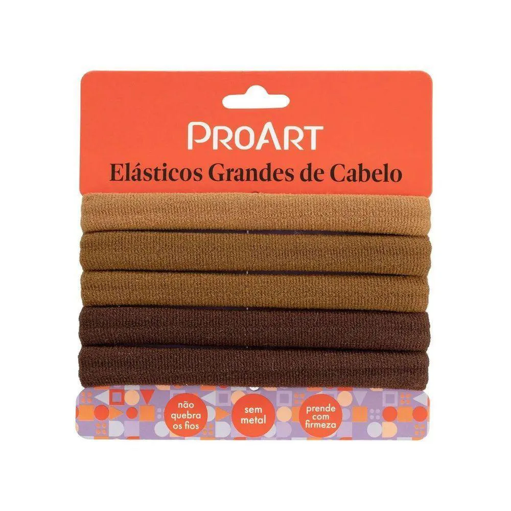 ELáSTICOS GRANDES DE CABELO 5 UNIDADES PROART ALTA DURABILIDADE, FIRMEZA E CONFORTO MARROM