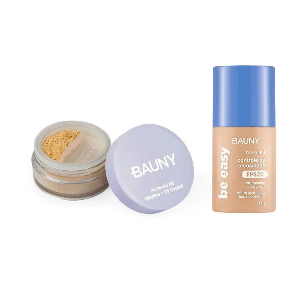 KIT BAUNY Pó SOLTO FACIAL 9G-15G 020 + BASE BE EASY TINT 020 - ALTA PADRãO DE FABRICAçãO