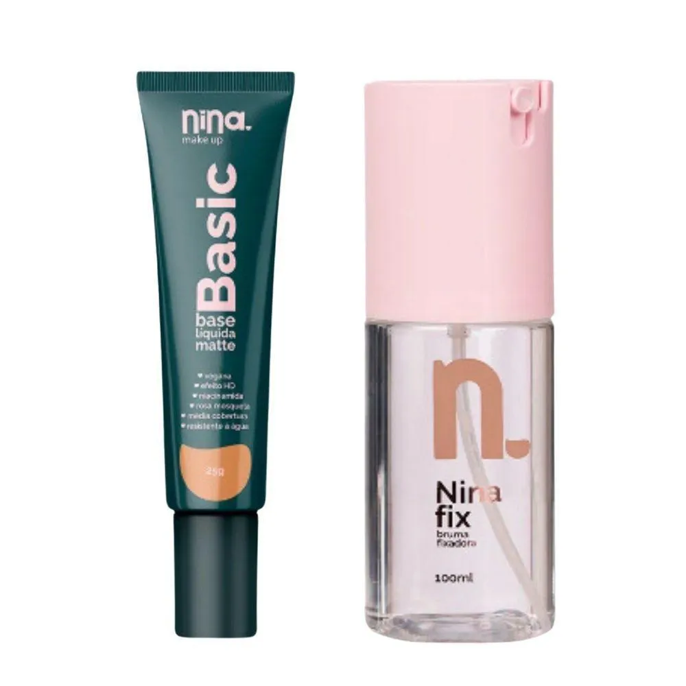 KIT NINA MAKEUP BASE LíQUIDA BASIC COR2+BRUMA FIXADORA FIX