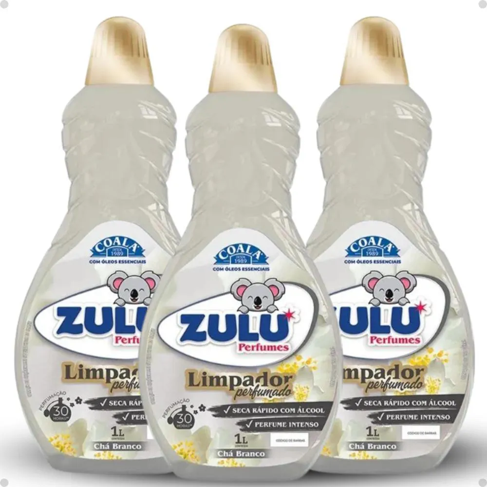 KIT COALA ZULU PERFUMES: 3 LIMPADORES PERFUMADOS CHá BRANCO 1L