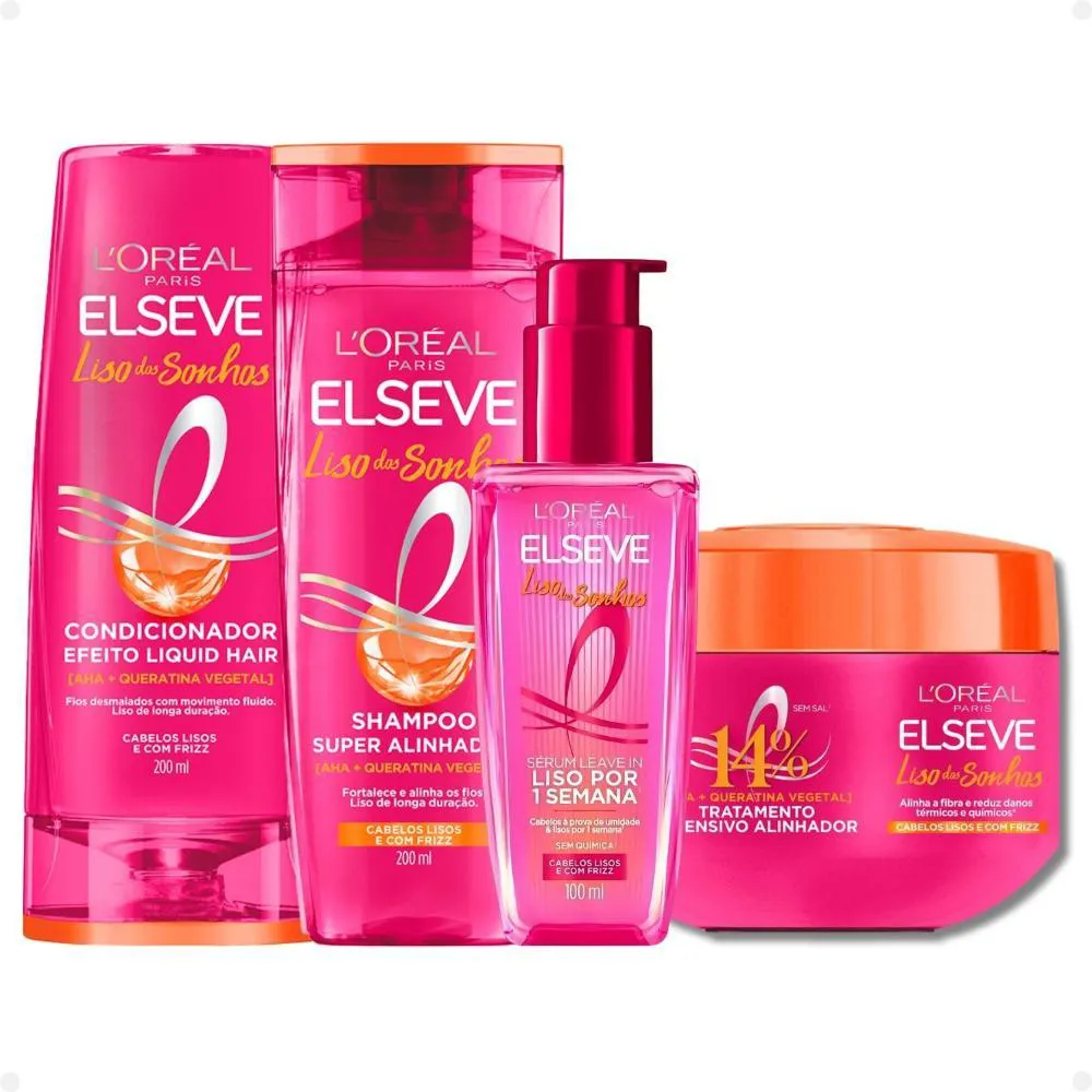 KIT ELSEVE LISO DOS SONHOS: MáSCARA TRATAMENTO 300G + SHAMPOO E CONDICIONADOR 200ML +  SéRUM LEAVE-IN 100ML