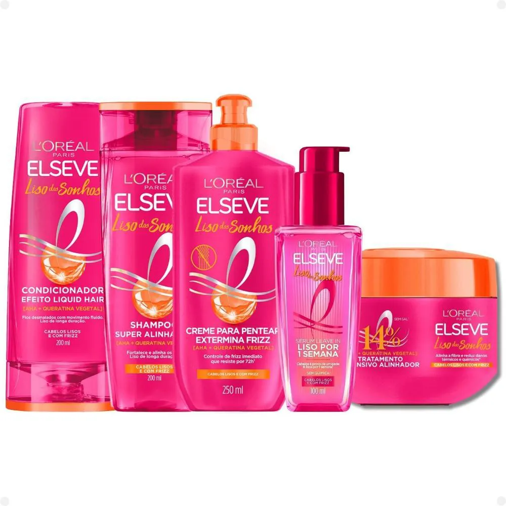 KIT ELSEVE LISO DOS SONHOS: MáSCARA TRATAMENTO 300G + SHAMPOO E CONDICIONADOR 200ML +  SéRUM LEAVE-IN 100ML + CREME PARA PENTEAR 250ML
